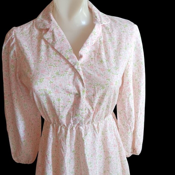 Vintage Women's Boho Dress S/M Jonis Pink Floral Long Sleeve USA 1970's Cottage - Picture 1 of 5